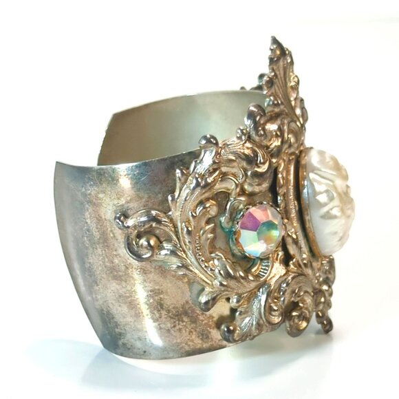 Ornate Baroque Silver Plated Cuff Bracelet Faux Pearl Cabochon AB Rhinestones - Picture 2 of 7